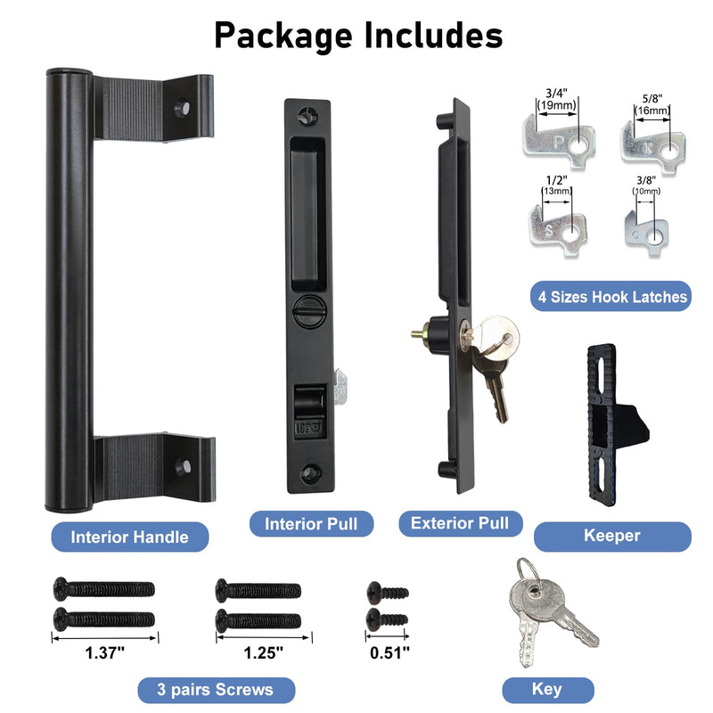 Sliding Glass Door Handle Set with Lock - Easy to Install,Patio Sliding Door Handle Fits for 1 to 1-1/8 Door Thickness,6-5/8" Screw Hole Spacing,Perfectly Replacement for Old Handle(Black) Black - with Lock