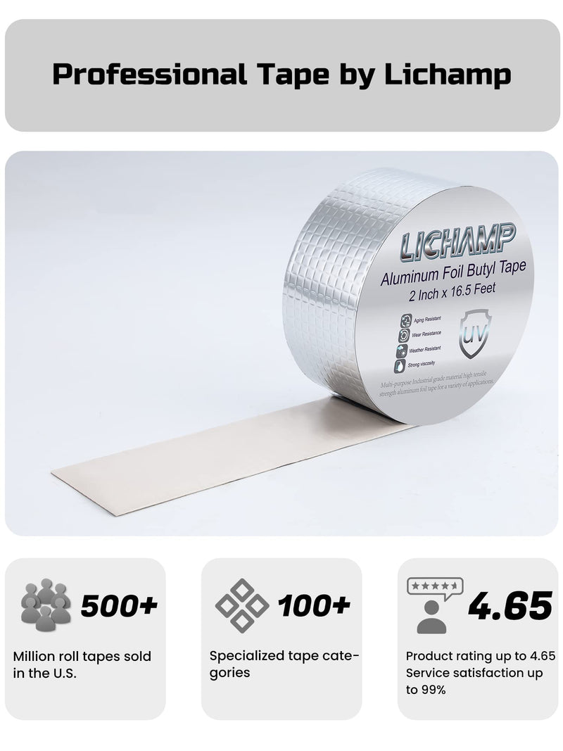 Lichamp Aluminum Butyl Tape, Waterproof Butyl Aluminum Foil Tape 2 inches x 16.4ft for RV Repair, Roof, Window Patch, Boat and Outdoor Pipe Sealing