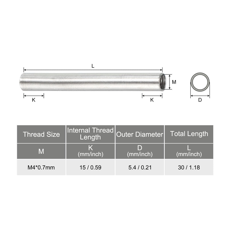 MECCANIXITY Round Coupling Nut, M4x0.7mm Female Thread 30mm Threaded Round Sleeve Connector Rod Bar Stud Tube Nut Hardware Fastener, Silver Pack of 20