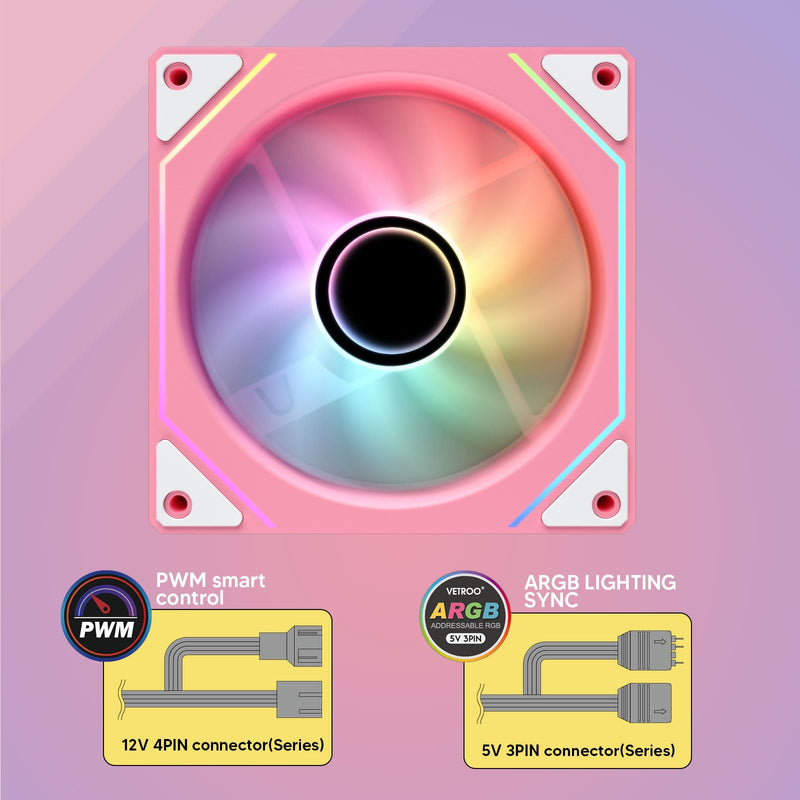 Vetroo Pink LF120 3-Pack Infinite Mirror PC Fan 120 mm ARGB Case Fan with ARGB & PWM Smart Control, FDB Bearing, Controller Included, Nine Blades Design & 8 Rubber Pads for Low-Noise Operation Forward Blade