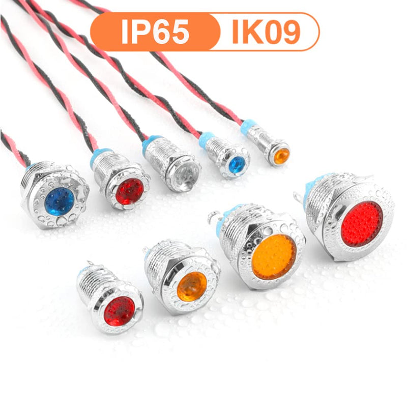 GUUZI 8mm LED Indicator Light 12-24V Waterproof Signal Light Metal Plate LED Indicator Signal Light Plate Mount Flat Head with Wires Silver Housing (Red, 6 Pieces) Red