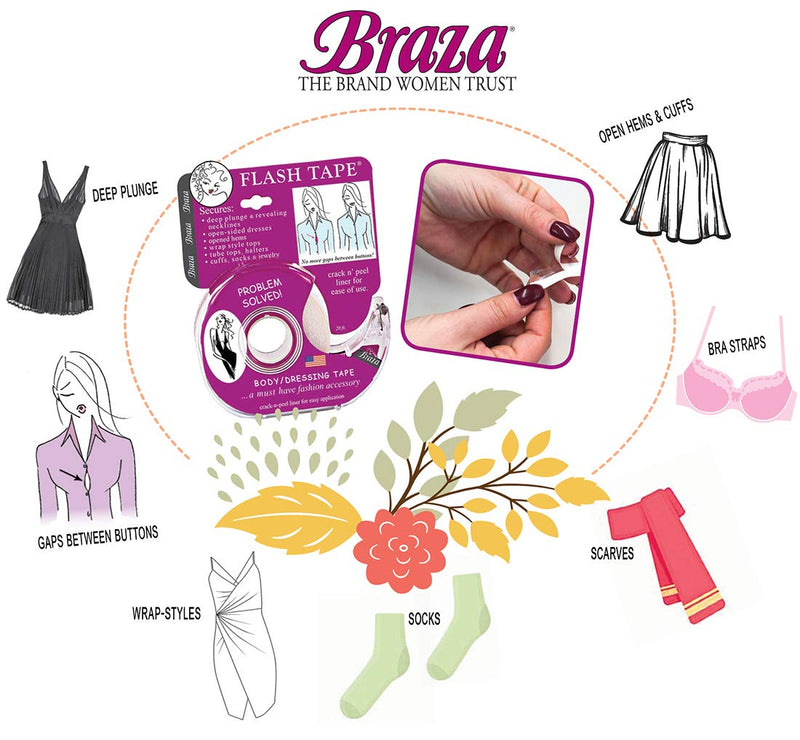 Braza Flash Tape - Double Sided Clear Adhesive Clothing, Fabric and Body Tape - 60 ft 3 Count