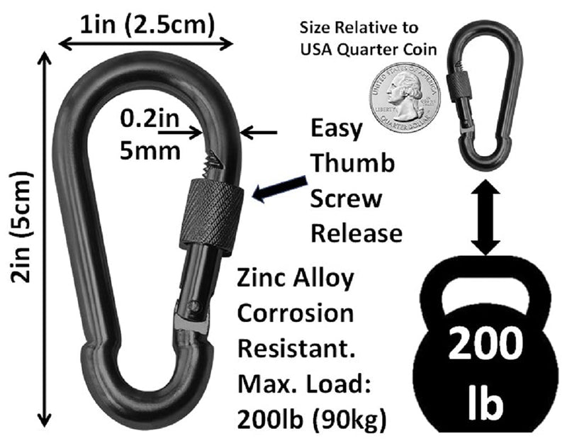 [Australia - AusPower] - Black & Silver Heavy Duty Bushcraft Locking Thumb Screw Closure Zinc-Galvanized Steel Carabiner Spring Snap Clip Link Hooks 200-400lb Load. 6 & 12 Packs 5cm 6-Pack Black 