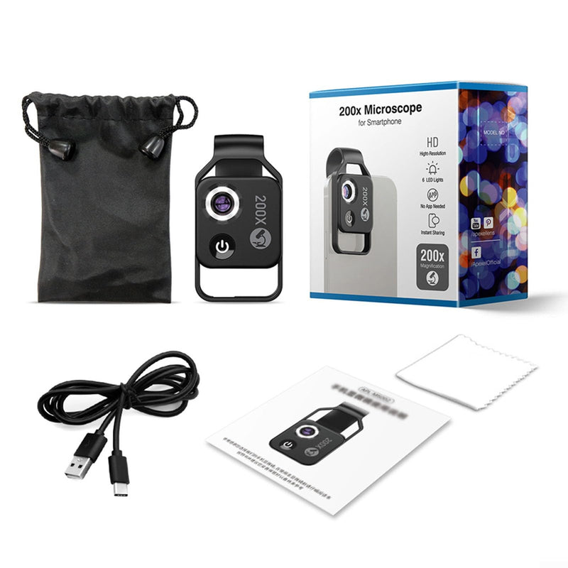 [Australia - AusPower] - 200x Cell Phone Microscope Lens with LED Light, Portable Digital Microscope for Kids, Handheld Microscope, Dermatoscope, Skin Diagnostic, Hair Analyzer black 