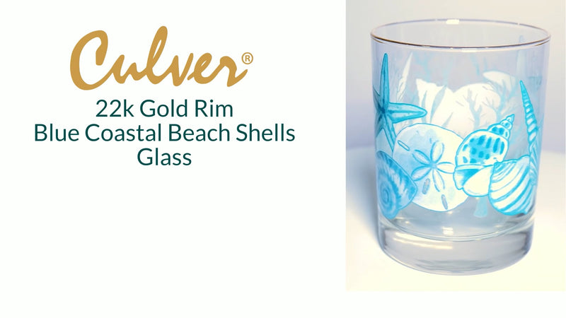 Culver 22k Gold Rim Blue Coastal Beach Shells DOF Double Old-Fashioned Glasses, 13.5-Ounce, Gift Boxed Set of 2