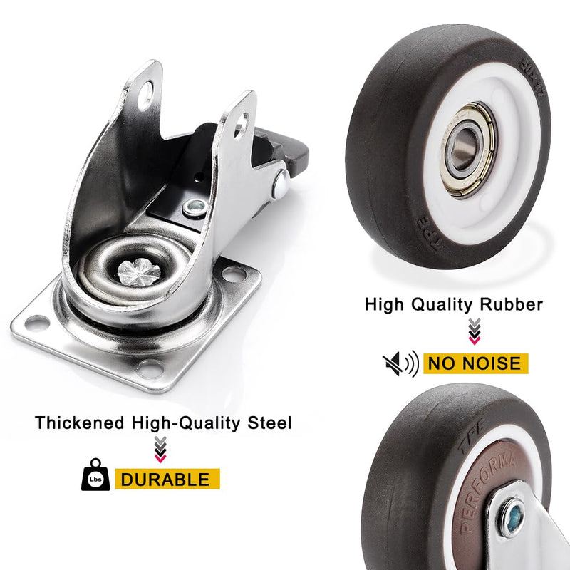 [Australia - AusPower] - Small Caster Wheels 1 Inch, Low Profile 360 Degree Swivel Casters Set of 4, Little Rubber Base Rolling Plate Caster Wheels for Small Furniture(2 with Brakes & 2 Without),No Noise 