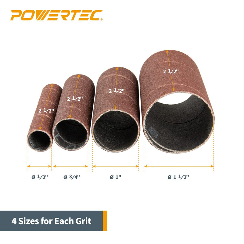 POWERTEC 71709 Assorted Sanding Sleeves 24-Pieces, 2-1/2" Length, 1/2", 3/4", 1", 1-1/2" Diameters, 80, 120 Grits 3 Each