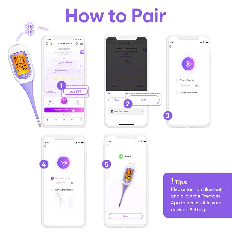 [Australia - AusPower] - Easy@Home Smart Basal Thermometer, Large Screen and Backlit, Period Tracker with Premom (iOS & Android) - Auto BBT Sync, Charting, Coverline, Accurate Fertility Prediction EBT-300 Purple 