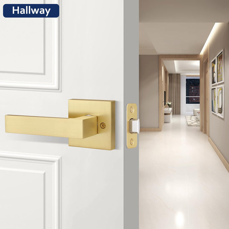 1 Pack Brushed Gold Door Handles, Passage Door Knob Without Lock, Interior Hallway/Closet Door Handle, Keyless Square Door Lever, Left/Right Reversible Satin Brass Passage Door Lever 1