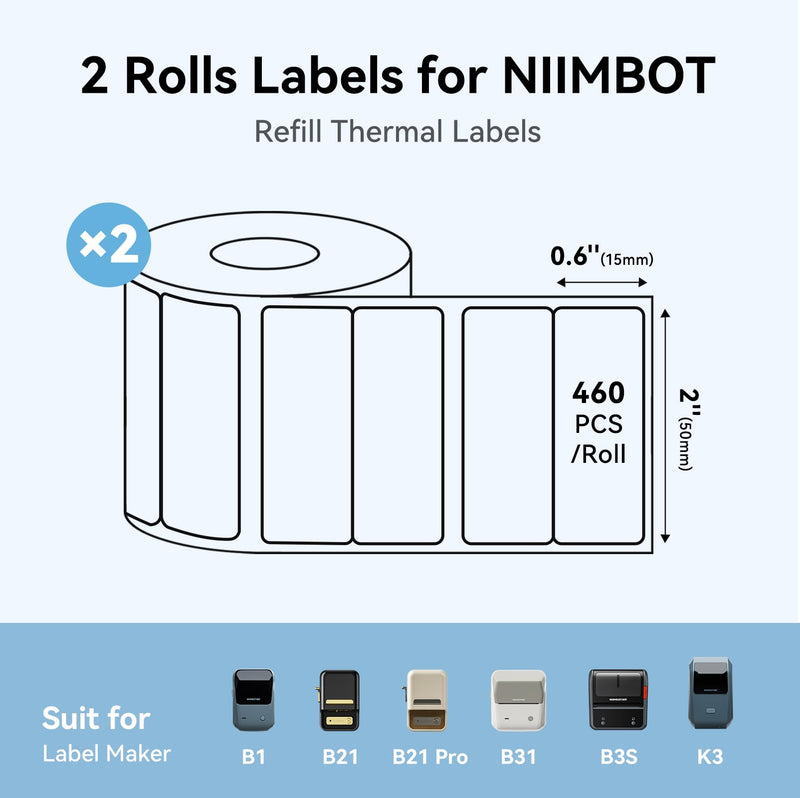 NIIMBOT Labels, 2 Rolls Refill Thermal Label for Label Maker B1/B21/B21Pro/B3S/B31/K3, Waterproof, Oil-Proof and Tear-Proof Sticker Labels, 2'' x 0.6''x2(50x15mmx2) White White-2'' X 0.6''x2
