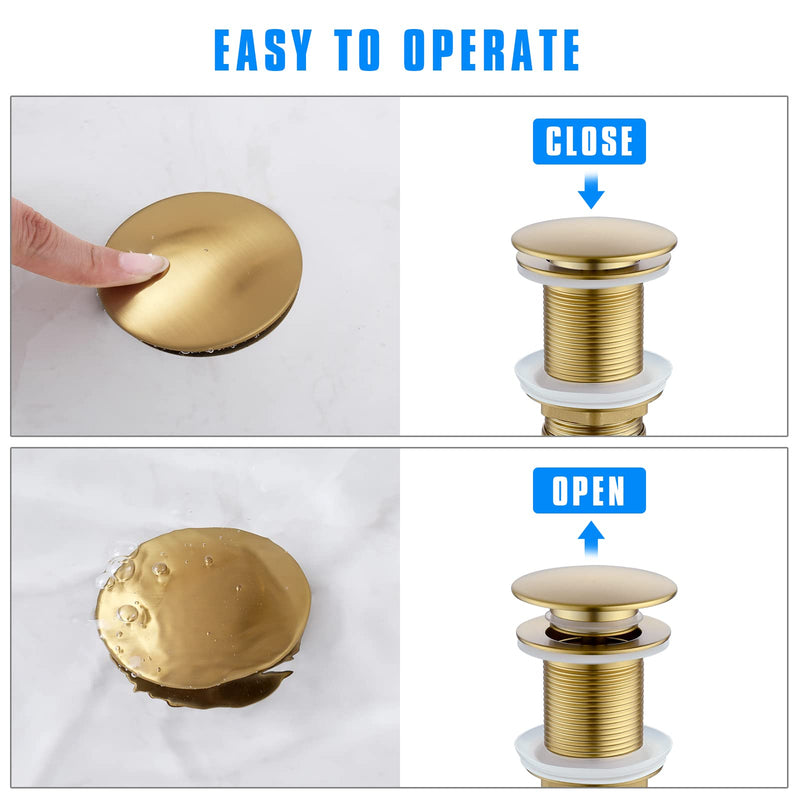 JONKEAN Bathroom Pop Up Drain Without Overflow,Vanity Vessel Sink Drain with Detachable Strainer Basket,Pop Up Drain Stopper Hair Catcher, Built-in Anti-Clogging Strainer(Brushed Gold) NO Overflow Brushed Gold