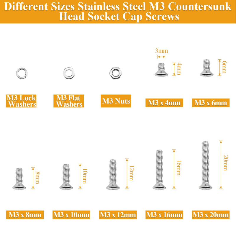 [Australia - AusPower] - 565 Pieces M3 Screws Nuts Washers Set, Sutemribor M3 x 4/6/8/10/12/16/20mm Countersunk Head Socket Cap Screws Nuts Washers Assortment Kit, 304 Stainless Steel, Fully Threaded 