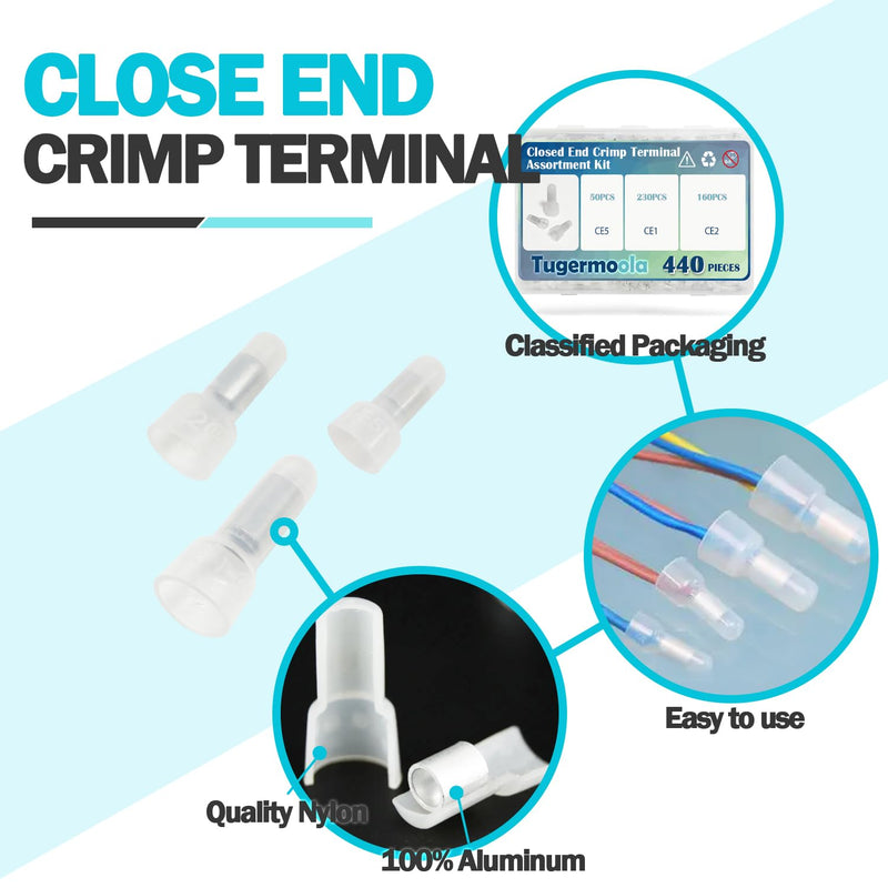 [Australia - AusPower] - 440PCS Closed End Crimp Terminal CE1/CE2/CE5 Assortment Kit 22-16/16-14/12-10AWG Wire End Caps Electrical Crimp Connectors OLA006-Kit 440PCS KIT(CE1/CE2/CE5) 