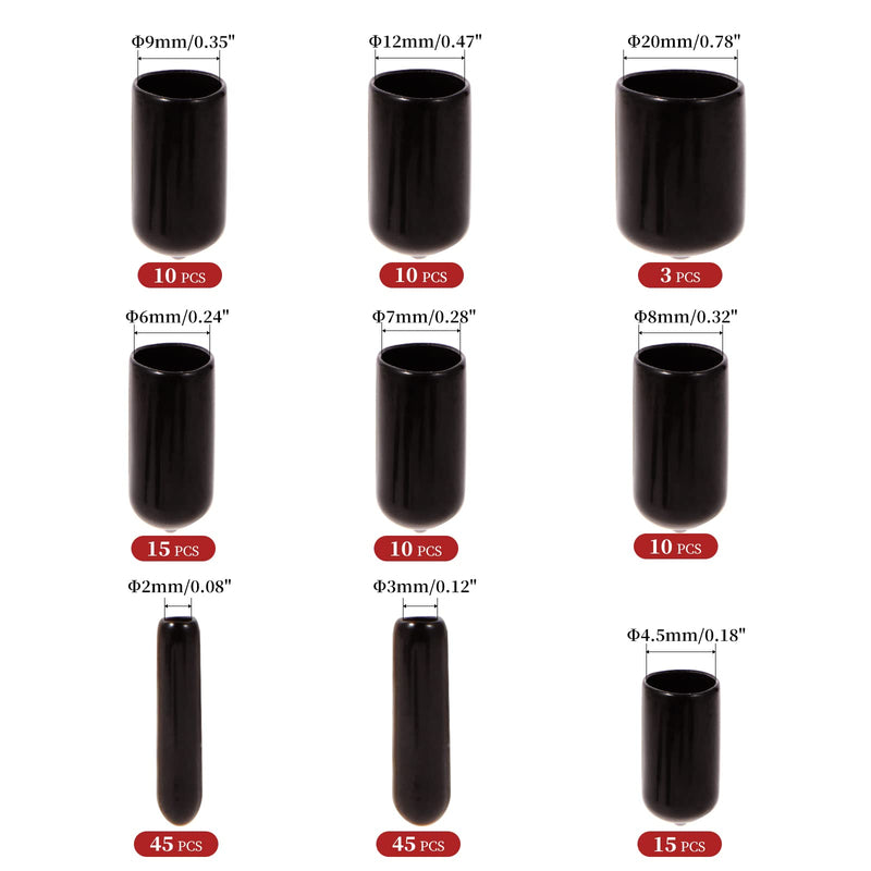 [Australia - AusPower] - Aleric 163pcs Rubber End Caps,Round Bolt Covers Caps,Vinyl End Cap Screw Thread Protectors,Rubber Screw Cover Bolt Cap for Metal Tube Rod Bolt in Size 2mm 3mm 4.5mm 6mm 7mm 8mm 9mm 12mm 20mm(Black) 