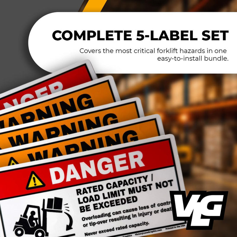 Forklift Safety Labels Kit – ANSI Z535 Style Warning Decals – Tip-Over, Seatbelt, No Riders, Capacity Limit & Fork Height – Industrial Vinyl – 3.5 x 7 Inch – 5 Pack