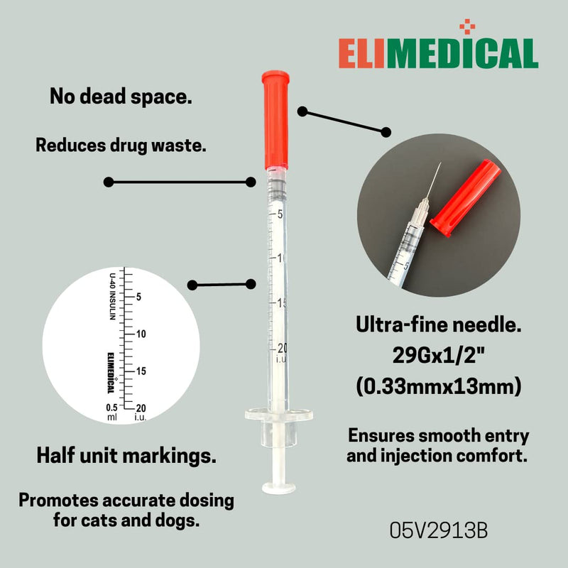 [Australia - AusPower] - Veterinary Insulin Syringe, U-40 (40IU), 0.5cc (ml), 29g x ½ inch (12.7mm), Half Unit Marking, Individually Packed, for Pet Cat or Dog, 100 per box, 05V2913B 