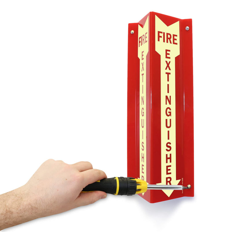 SmartSign "Fire Extinguisher" Two-Sided V-Shaped Projecting Sign with Down Arrow, 18 x 4 inch, 120 mil Thick Glow-In-The-Dark Polished Acrylic, Photoluminescent #2. Glow-in-the-Dark Red Acrylic