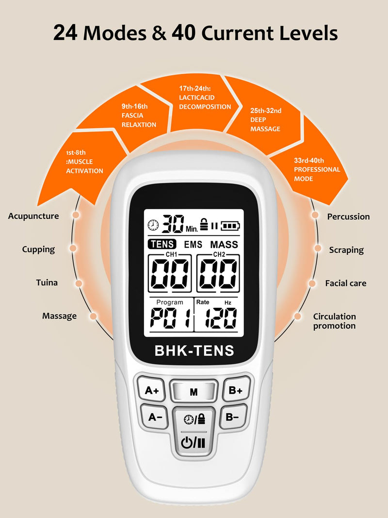 24 Modes TENS EMS Unit for Pain Relief, Muscle Stimulator Machine with 8 Reusable Electrode Pads - FDA Cleared 3-in-1 Device, 40 Intensity Levels, 90 Min Timer, Back/Neck/Knee Therapy, Pulse 2-150Hz 280 White