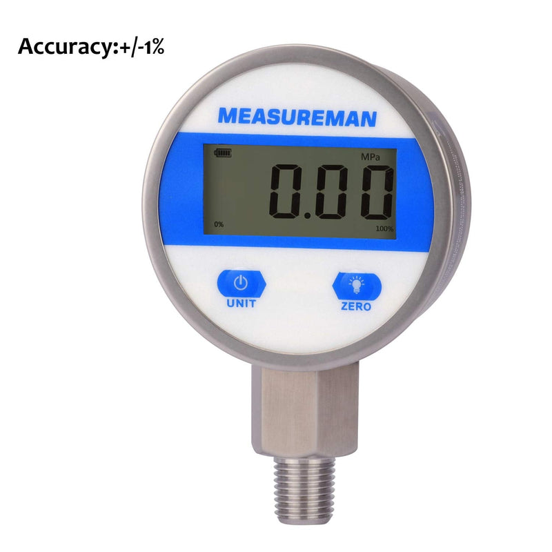 [Australia - AusPower] - MEASUREMAN 2-1/2" dial, Digital Industrial Pressure Gauge with 1/4" NPT Lower Mount, Stainless Steel case and Connection, 0-1000psi/bar, 1%,Battery Powered, with LED Light 2-1/2" Dial, 0-1000psi 1% 