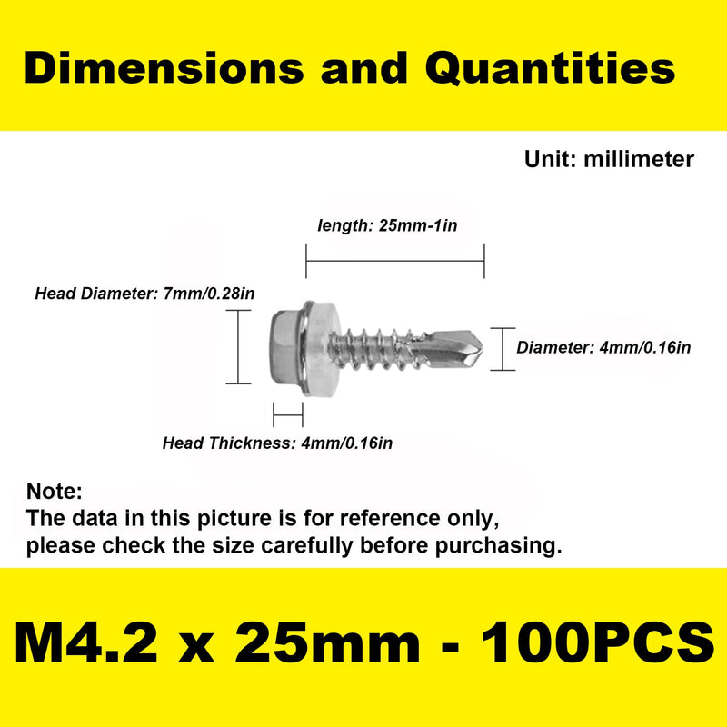 [Australia - AusPower] - #8×1" Hex Washer Head Self-Drilling Screws, 410 Stainless Steel Self-Tapping Sheet Metal Tek Screws with Waterproof Washers and Phillips Screwdriver. (100 pcs) #8x1''-100 Pcs 
