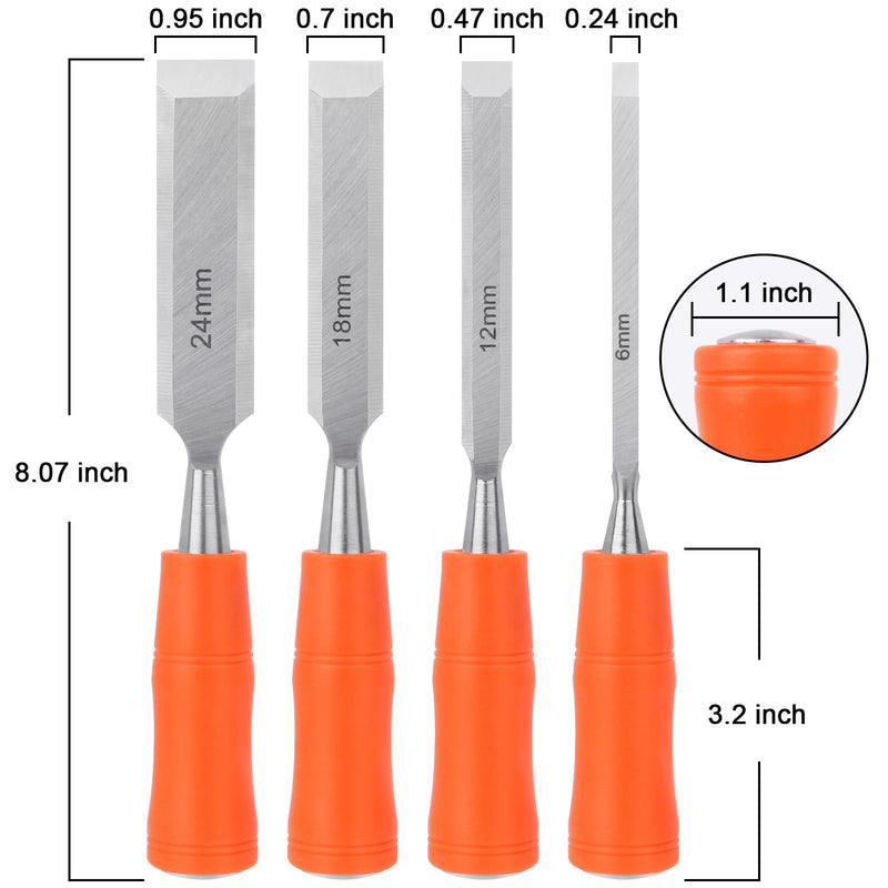 [Australia - AusPower] - 4 Piece Wood Chisel Sets Woodworking Tools Set, Wood Chisels for Woodworking with Steel Hammer End, Wood Tools Chisel Set Woodworking with Ergonomic Plastic Handle, 6mm, 12mm, 18mm, 24mm 