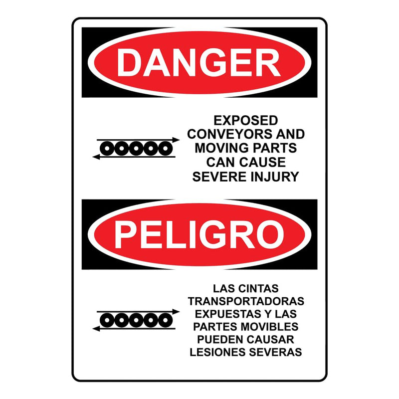 English + Spanish OSHA DANGER Exposed Conveyors And Moving Parts Sign With Symbol Safety Warning Metal Tin Sign (8x12 Inches) 8x12 inches