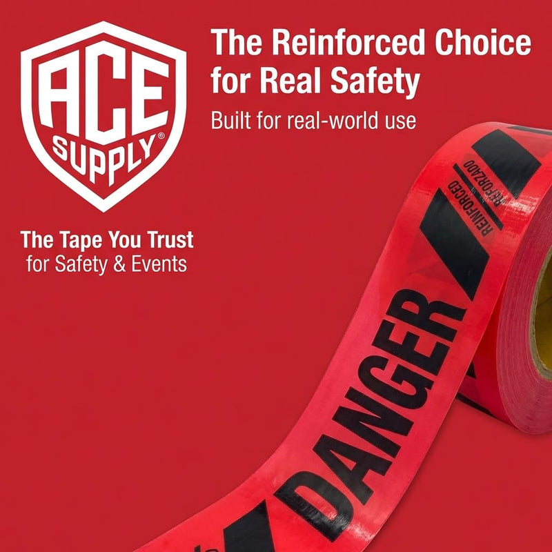 ACE Supply Reinforced Barricade Tape - Red Danger Tape Roll - 3" x300'x5mil - Barricade Tapes for Construction, Utility, Crowd Control, and Emergency Services Single Roll Danger Tape - 300 Ft