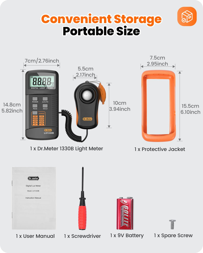[Australia - AusPower] - Dr.meter LX1330B Digital Illuminance Light Meter, 0-200,000 Measurement Range Lux Meter, Lighting Intensity Brightness Measurement for Indoor Outdoor, Light Meters for Plants 