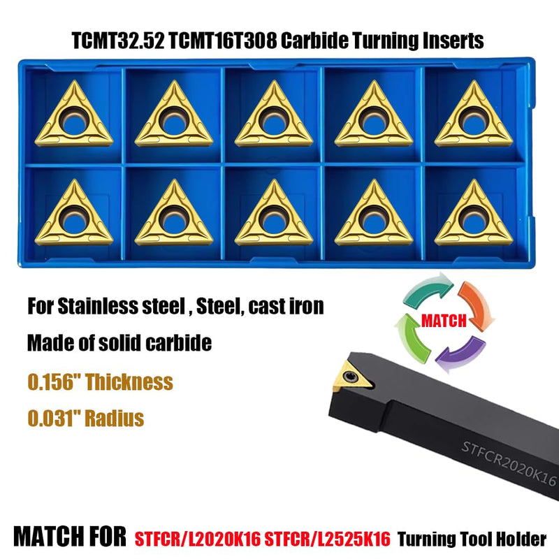 20pcs TCMT32.52 / TCMT16T308 Carbide Turning Inserts,TISIN Coating, Replacement Inserts for CNC Lathe,TCMT Inserts, for STFCR/L2020K16 STFCR/L2525K16 Lathe Turning Tool Holder