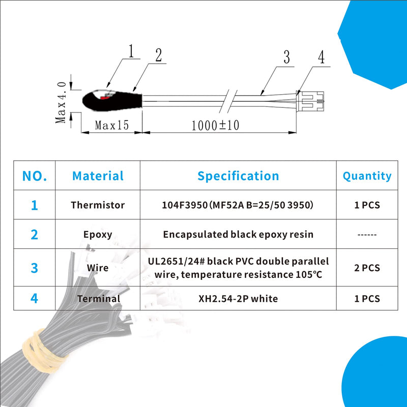 [Australia - AusPower] - 100K 3950 Ohm NTC Thermistor Temperature Sensor Probe,1% Precision Cable Length 1M with XH2.54-2P Plug for Air Conditioner (Pack of 5) 