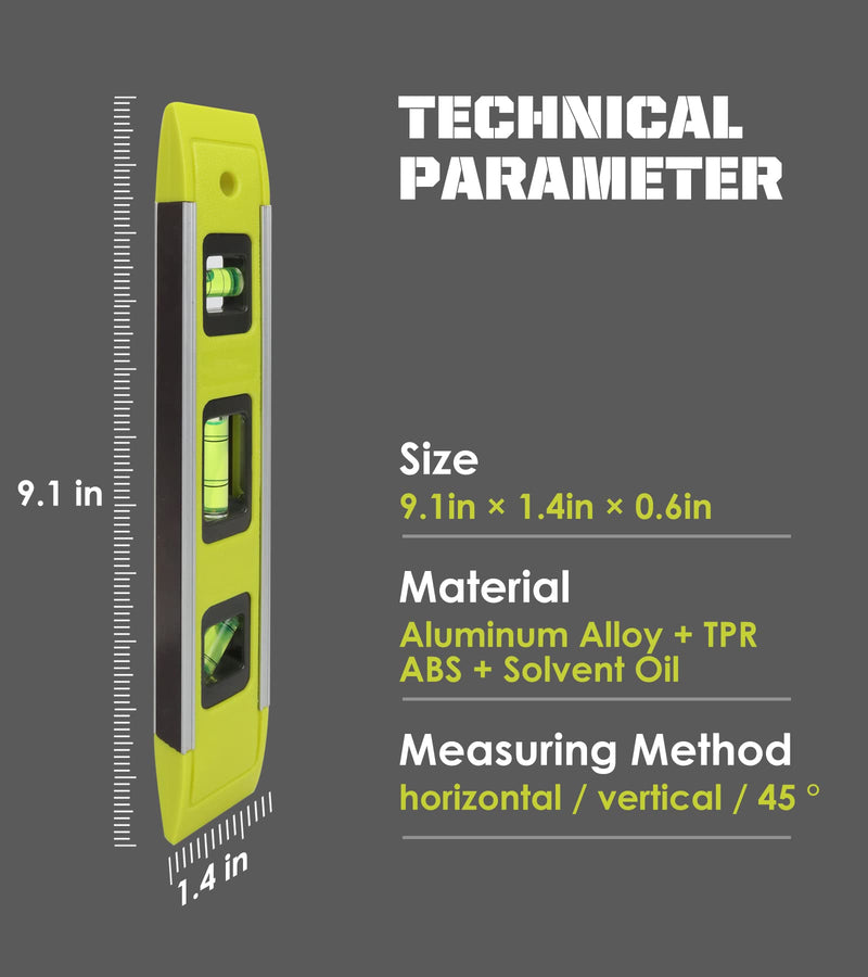 [Australia - AusPower] - Level & Tool Magnetic Aluminum Reinforced Torpedo Level, 9", Green (1PCS) 1PCS 