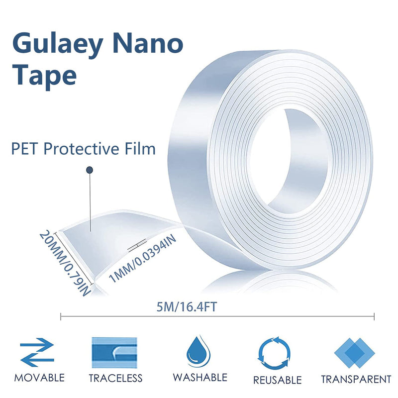 Nano Adhesive Tape, Double Sided Tape Heavy Duty, Nano Tape,Multipurpose No-Trace Removable Glue Tape,Washable Strong Sticky Wall Tape Strips for Paste Items,Household (5M/16.4FT) 5M/16.4FT