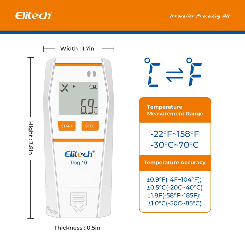 Elitech Tlog 10 Digital Temperature Data Logger Reusable Temperature Recorder PDF Report USB Port 32000 Points 1 Pack