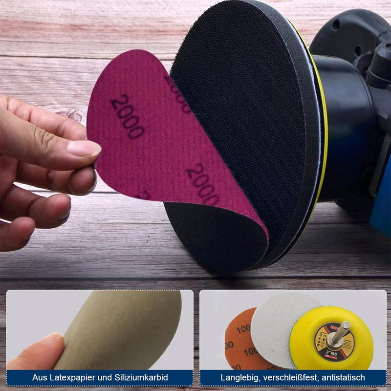 Sanding Disc Pads, 50 Pieces, Hook and Loop Sandpaper, 75mm | 800/1000/1200/1500/2000 Grits, Wet/Dry Sanding Discs for Automotive, Metal, and Wood