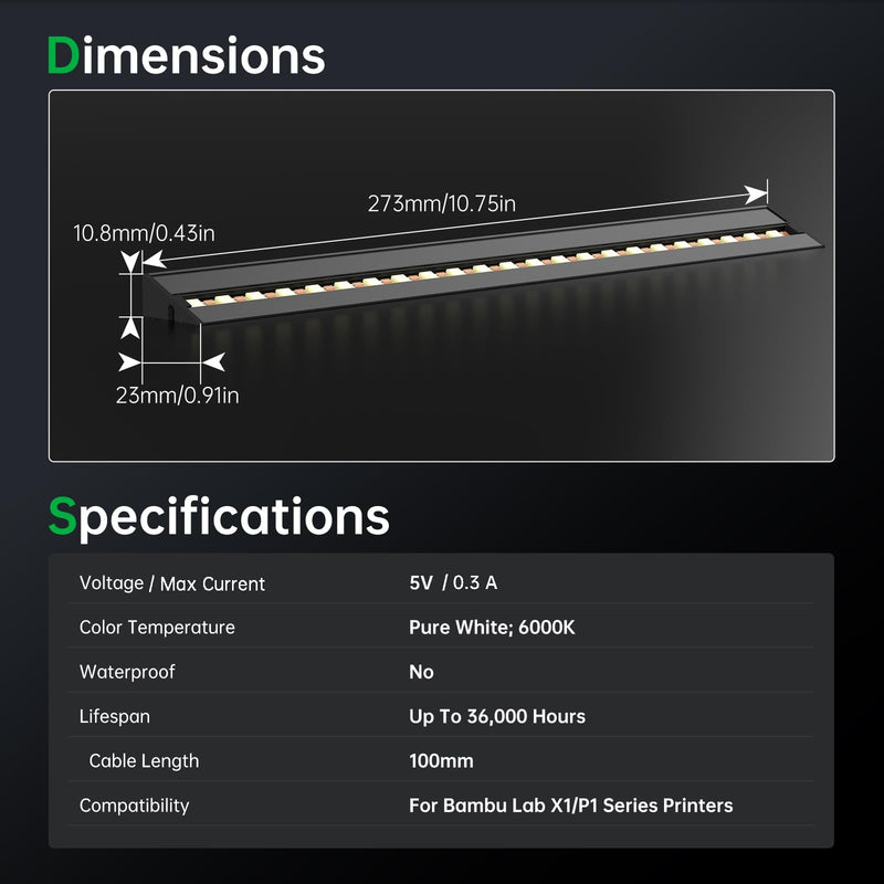 BIQU Panda Lux, Led Light Strip Upgrade Kit for Bambu-Lab P1S P1P X1C X1E 3D Printers, 5V 0.3A LED Light Bar, Magnetic Installation