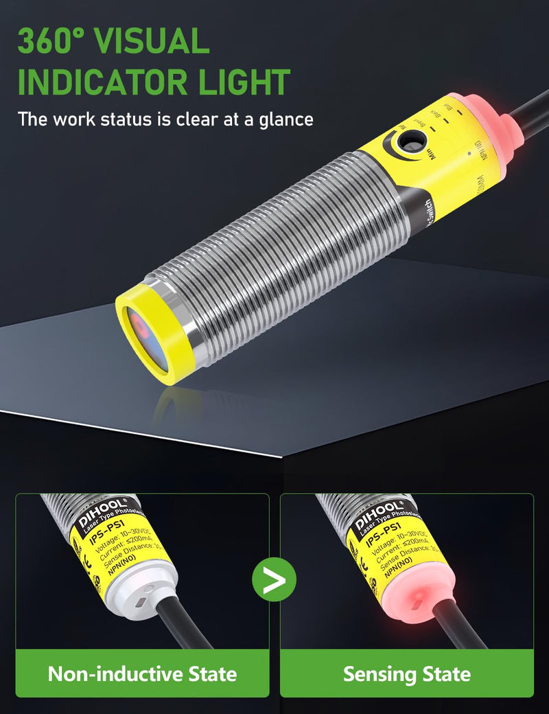 [Australia - AusPower] - DIHOOL Photoelectric Proximity Sensor, Laser Motion Switch,IP65 Waterproof, Normally Open NPN NO, M16, 3 Wires,12V/24V Input(10-30VDC), Detection Distance Adjustable from 3cm to 80cm 