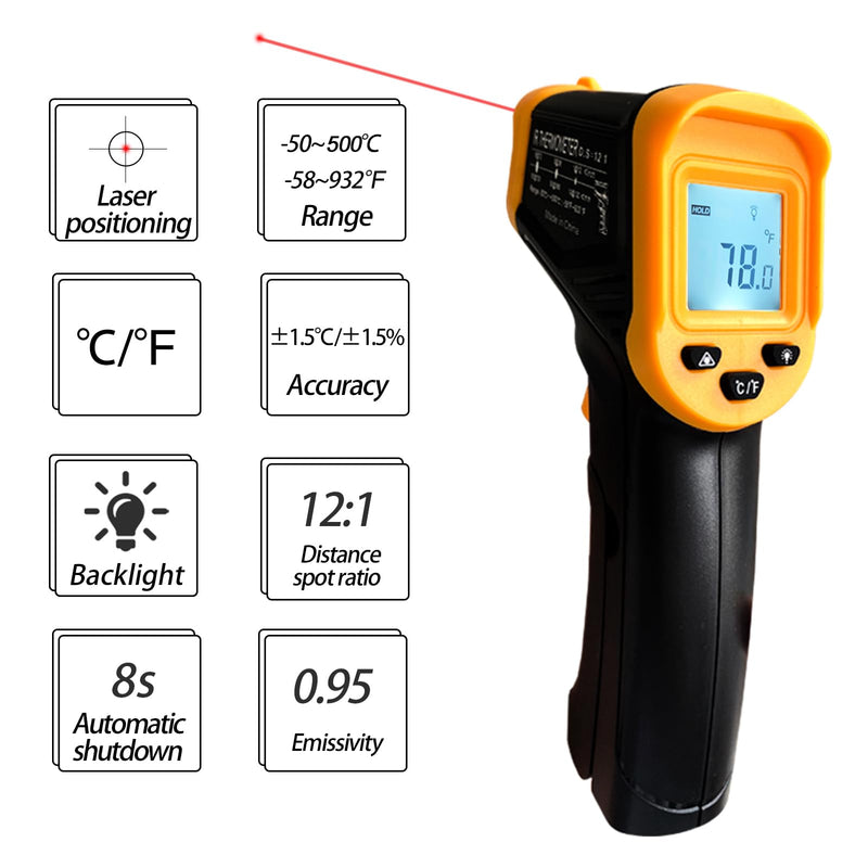 [Australia - AusPower] - Digital Infrared Thermometer Gun for Cooking,BBQ,Pizza Oven,Ir Thermometer with Backlight,-58?~932?(-50?~500?) Handheld Non Contact Heat Laser Temperature Gun (Not for Human) 