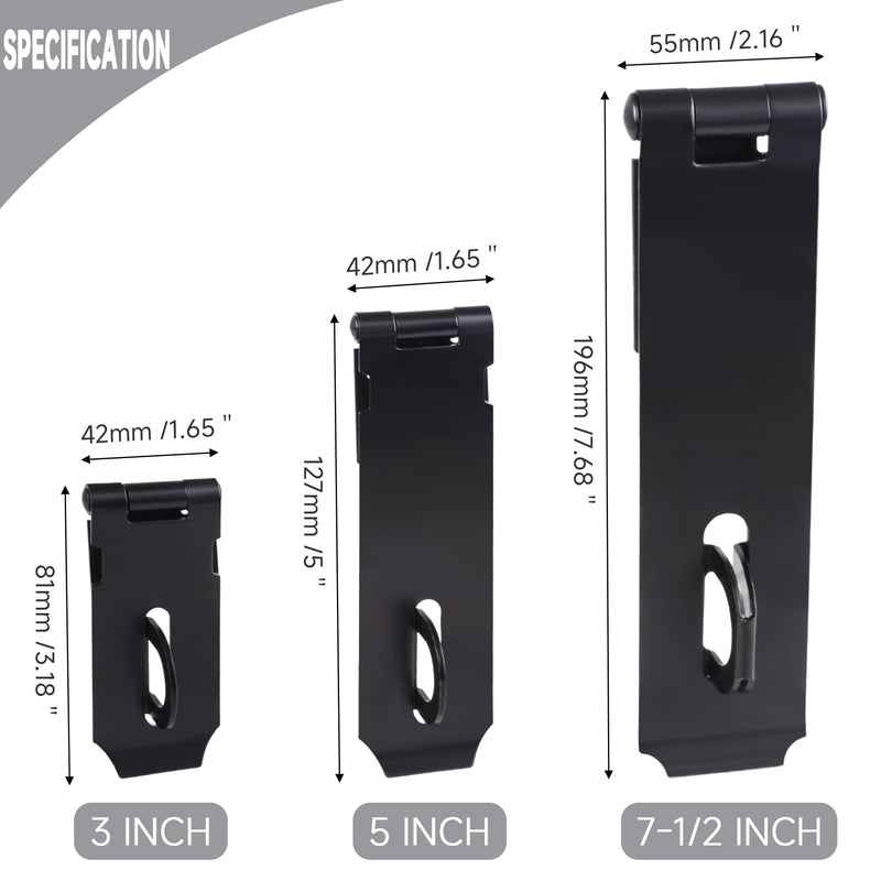 [Australia - AusPower] - 7-1/2 Inch Hasp Latch Heavy Duty, 1 Pack Stainless Steel Padlock Latch 0.11 Inch Thick, Black Finish Security Door Hasp Latch for Gates, Outdoor Doors, Cabinet, Drawer(8 Screws Included) 7-1/2 Inch 