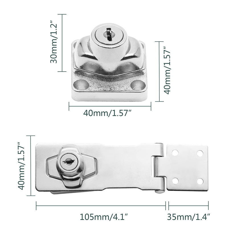 [Australia - AusPower] - 2PCS 4 Inch Keyed Hasp Locks, Keyed Alike Twist Knob Key Locking Hasp, Stainless Steel Catch Latch Safety Lock for Cabinets, Door (Silver) Silver 