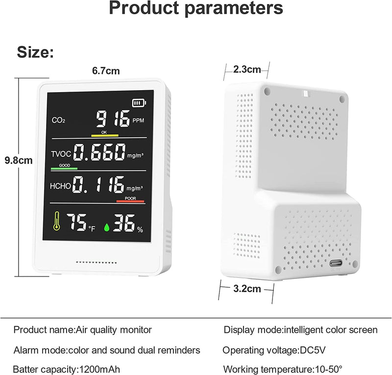 [Australia - AusPower] - 5-in-1 Professional Indoor Air Quality Monitor Indoor Portable CO2 Monitor | Temperature | Formaldehyde Detector | Humidity TVOC | Air Quality Tester - Confined Space Clean Air Monitor (White) White 