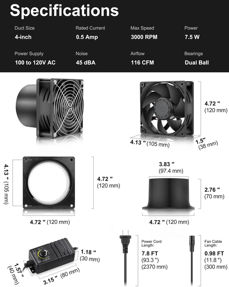 GDSTIME 120mm x 38mm 12V DC Axial Fan with 4 Inch Duct Flange Variable Speed Controller, 110V 120V AC Powered, Small Air Exhaust Fume Smoke Extractor Kit for Soldering, 3D Printer Enclosure 1238 Fan + 1 Flange