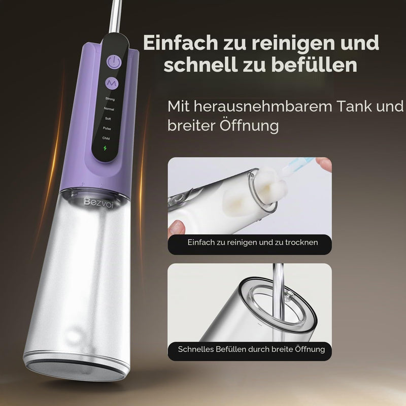 Bezvoi Wireless Oral Irrigator Portable Oral Irrigator with 5 Pressure Levels IPX7 | 270 ml removable water tank, 4 interchangeable nozzles, gentle cleaning for gums and interdental spaces Purple