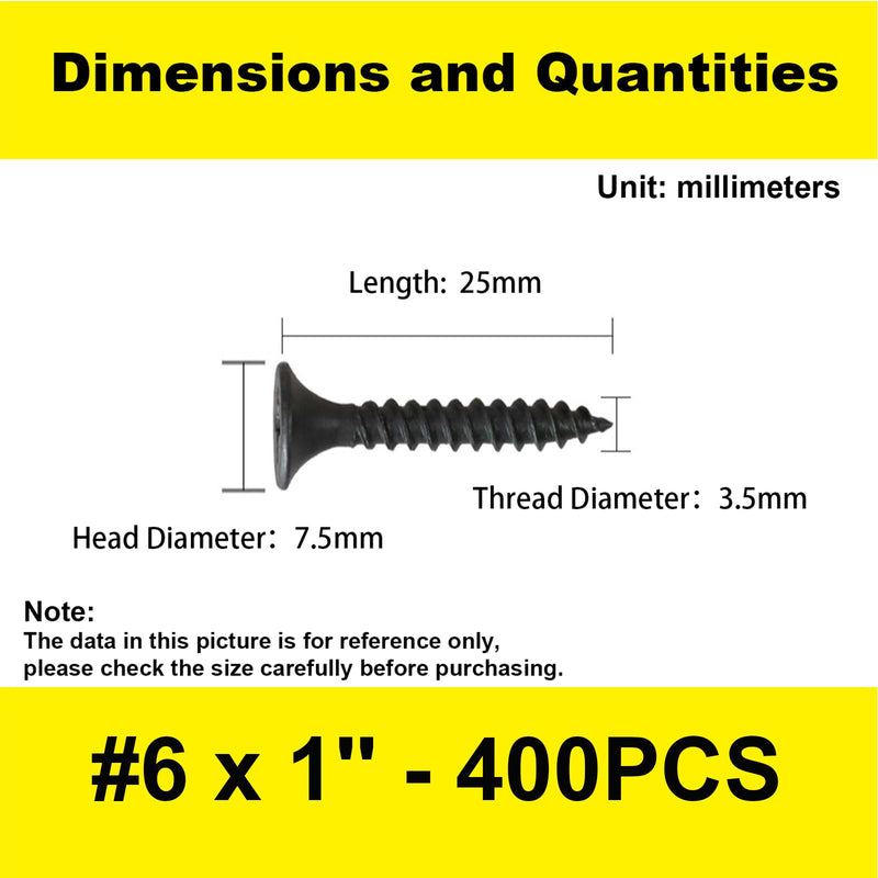[Australia - AusPower] - 400 pcs Wood Screws, Drywall Screws, Cabinet Screws, Coarse Tooth Drywall Screws, Phillips Flat Head Self-Tapping Screws for Various Woodworking Repairs and DIY Projects #6 x 1''(25 mm) #6x1''-400Pcs 