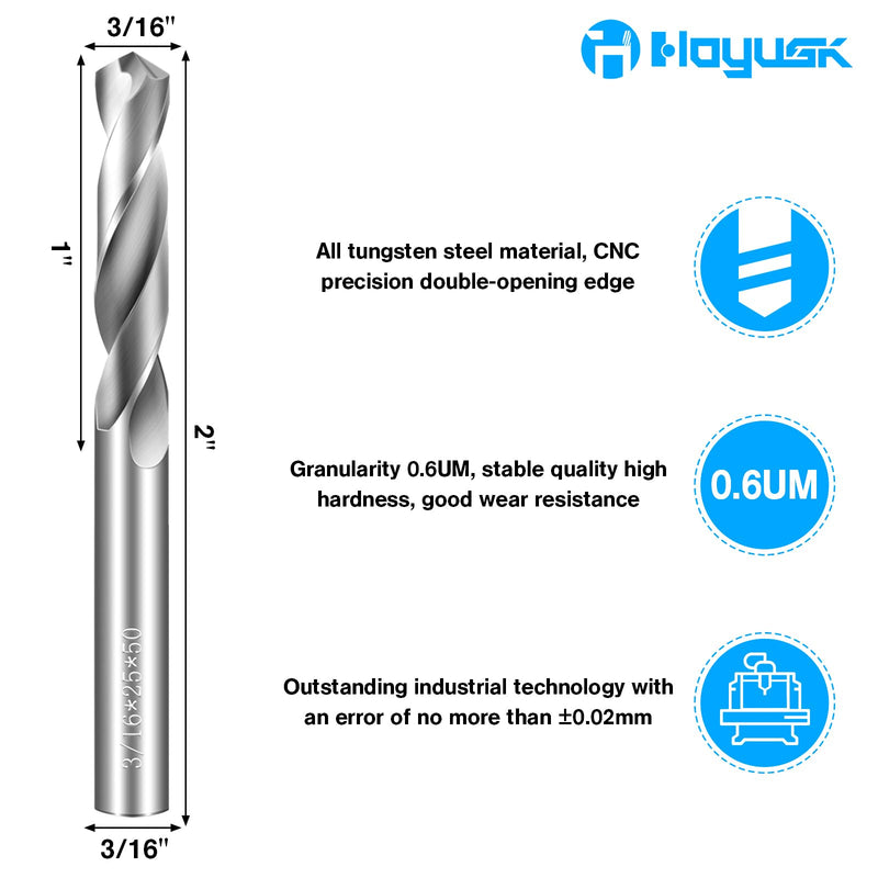 3/16" Drill Bits Solid Carbide Drill Bits, Tungsten Carbide Drill Bit Set, Metal Drill Bit Set for Stainless Steel Hardened Steel Cast Iron Alloy Copper, 2 Pcs 3/16 in