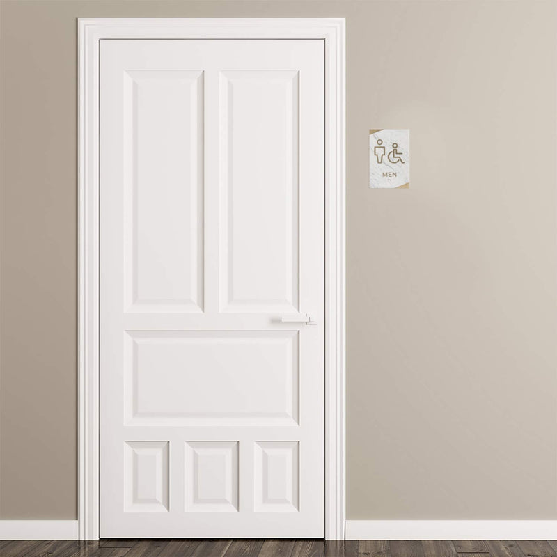 Light Marble Men And Women Restroom Sign Set/ADA Wheelchair Accessible With Braille Bathroom Signs / 6" x 9" White Marble Gold Accent Acrylic Signs Light Marble Design Wheelchair Restroom Sign Set