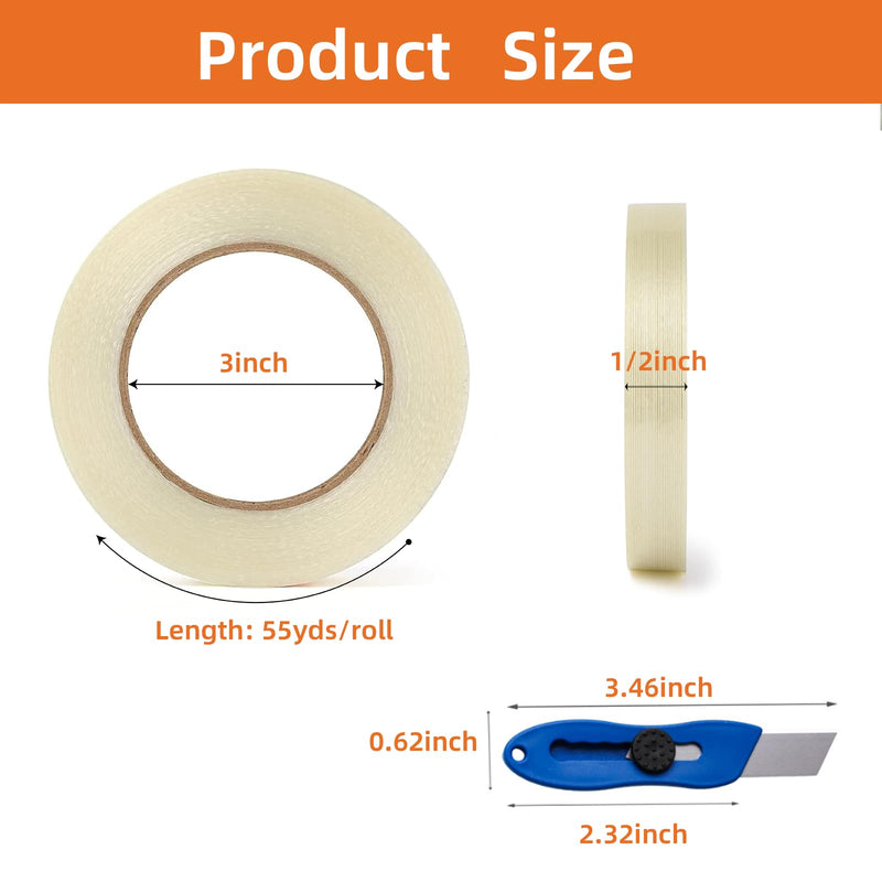 3-Pack Mono Filament Strapping Tape with Portable Craft Knife, 5.5mil x 1/2Inch x 55yds, Heavy Duty Transparent Reinforced Fiberglass Tape