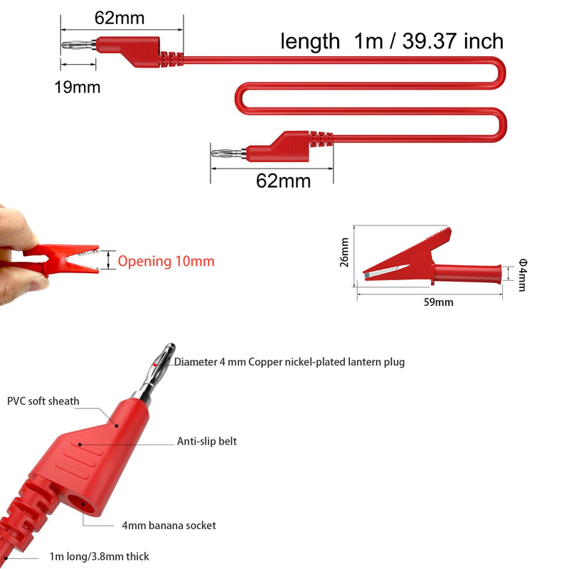 [Australia - AusPower] - 6pcs Stackable Banana to Banana Plug Test Cable Lead Set with 4mm Socket Banana Jack Copper Alligator Clips （4 Clips） 2 Test Wires Included, for Multimeter Leads, Electrical Test Leads 1000V Max 19A 