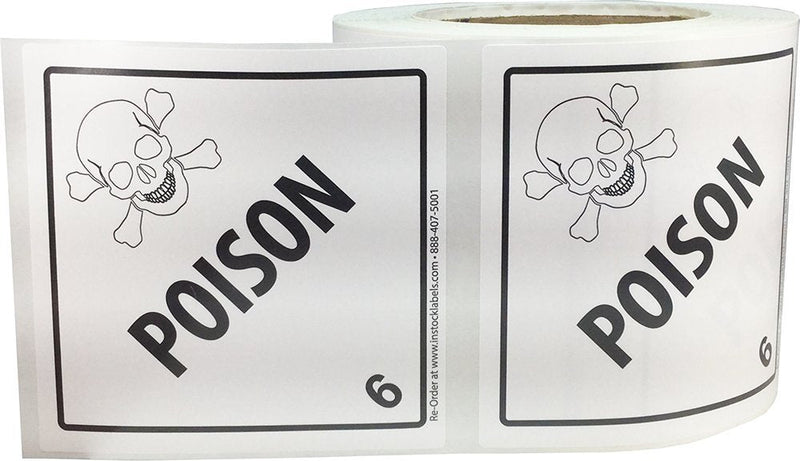 Hazard Class 6 D.O.T. Poison Labels, 4 x 4 Inch Square Black and White Hazmat Stickers, 500 Total Adhesive Labels on a Roll for Shipping and Compliance – Made in the USA