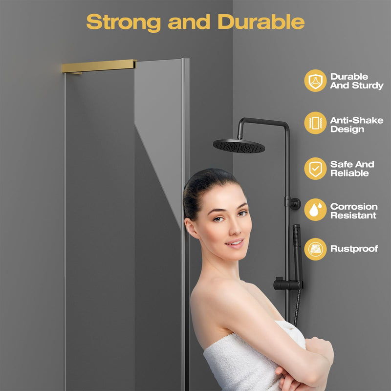 Ranbo Sleeve-Over Shower Panel Support Bracket, Left Side Installation | 304 stainless steel, fits 1/4" - 1/2" (6-12 mm) thick glass, mirror gold, no glass drilling Left Side Glass Polished Gold