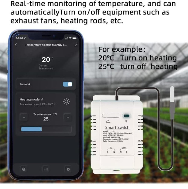 [Australia - AusPower] - WiFi Temperature Controller Sensor Module, Tuya app Wireless Remote 16A Smart Switch with Energy Consumption Monitoring,Compatible with Alexa Google 